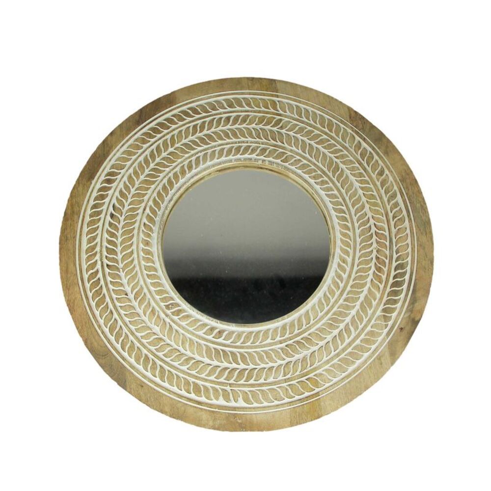 Carved Wooden Frame Round Wall Mirror 23.5 Inch Diameter Hand Painted Accents